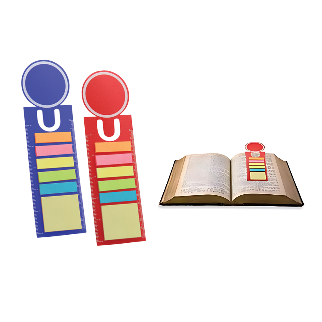 Two packs of Mandal Sticky Notes, one blue and one red, each include colorful tabs and a side ruler. One set is shown being used as a bookmark in an open book.