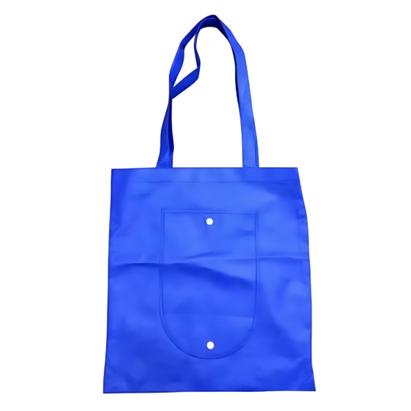 A blue Non Woven Foldaway Bag, measuring 39x50x10, features two straps and an external pocket with a snap button. It is laid flat on a white background.