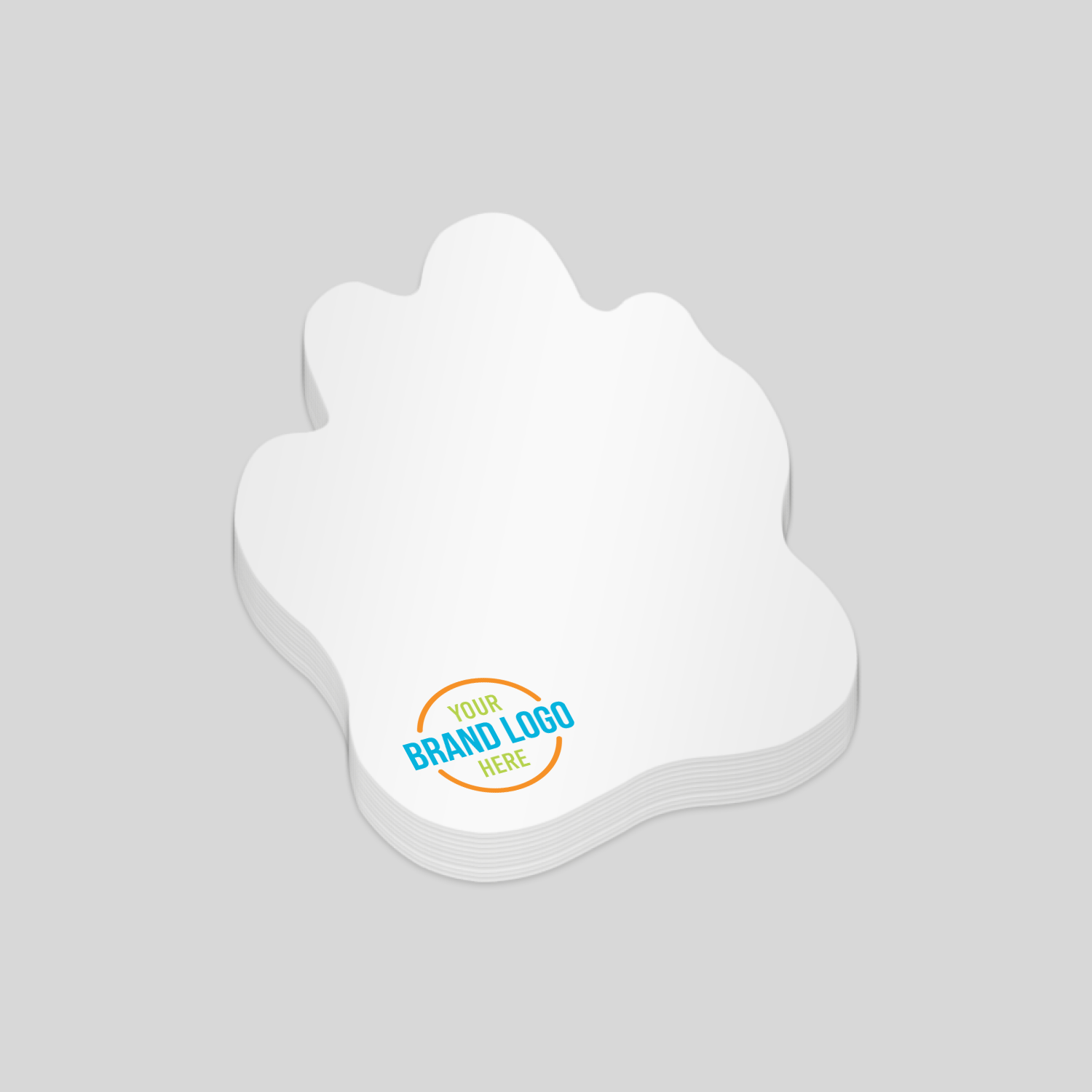 The Paw Print Custom Sticky Note stack features irregular shapes with a circular area labeled Your Brand Logo Here at the bottom left, set on a gray background. These unique notepads are perfect for branding needs.