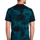 Man in a blue and black tie-dye T-shirt facing away.