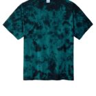 Green and black tie-dye T-shirt on a white background.