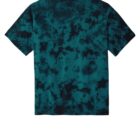 Teal and black tie-dye t-shirt displayed on a white background.