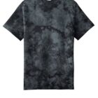 Black and gray tie-dye t-shirt with short sleeves, on a white background.