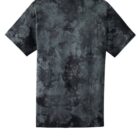 Dark tie-dye T-shirt with short sleeves and abstract pattern.