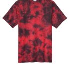 Red and black tie-dye T-shirt on a white background.