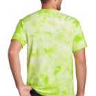 Person in green tie-dye T-shirt and jeans, viewed from the back.