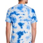 Man wearing a blue and white tie-dye T-shirt, facing away.