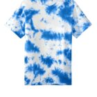 Blue and white tie-dye T-shirt on a plain white background.