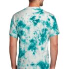 Man wearing a green and white tie-dye T-shirt, viewed from the back.