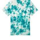 Teal and white tie-dye T-shirt on a plain white background.