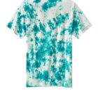 Teal and white tie-dye T-shirt, short sleeves, viewed from the back.
