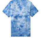 Blue and white tie-dye T-shirt with a short sleeve design.