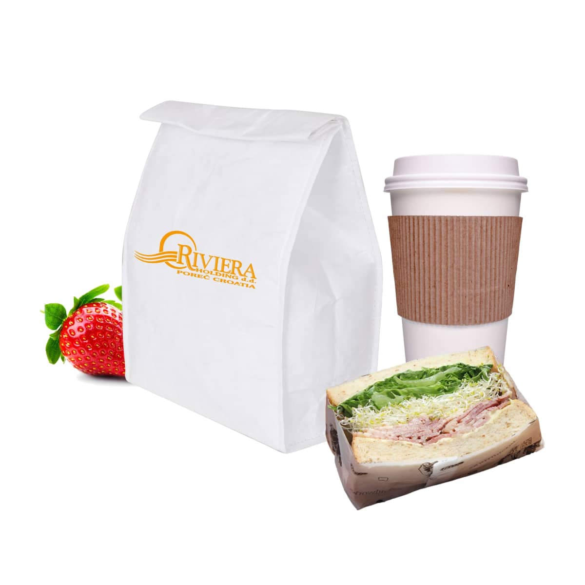 A paper bag with the Riviera logo, a takeout coffee cup with a brown sleeve, a fresh strawberry, and a sandwich with lettuce and meat in clear wrapping.