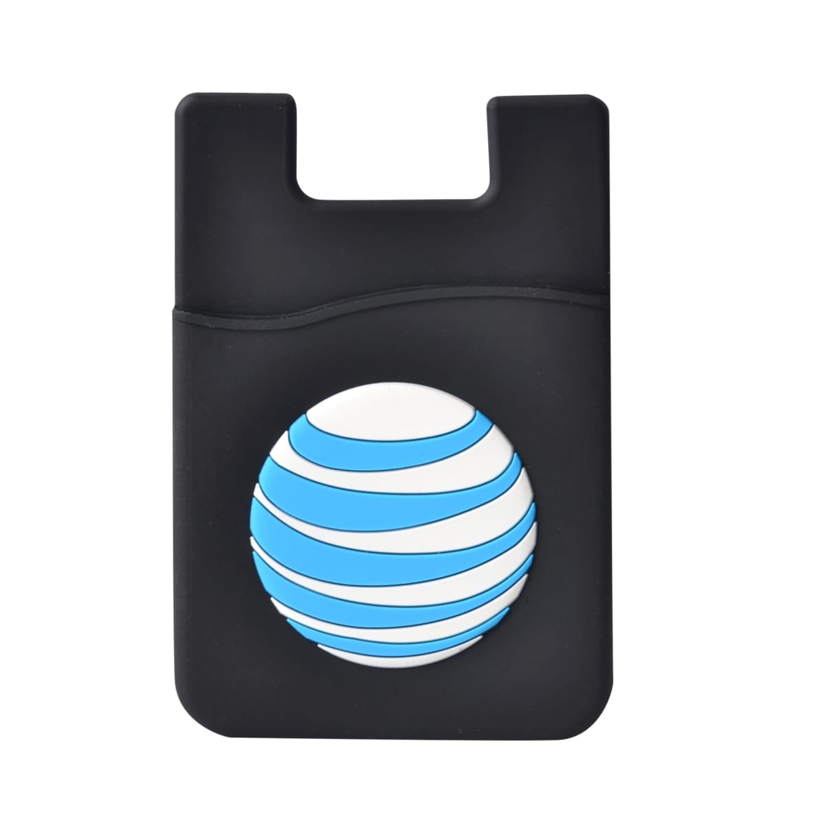 Black phone wallet with a blue and white striped circular logo.