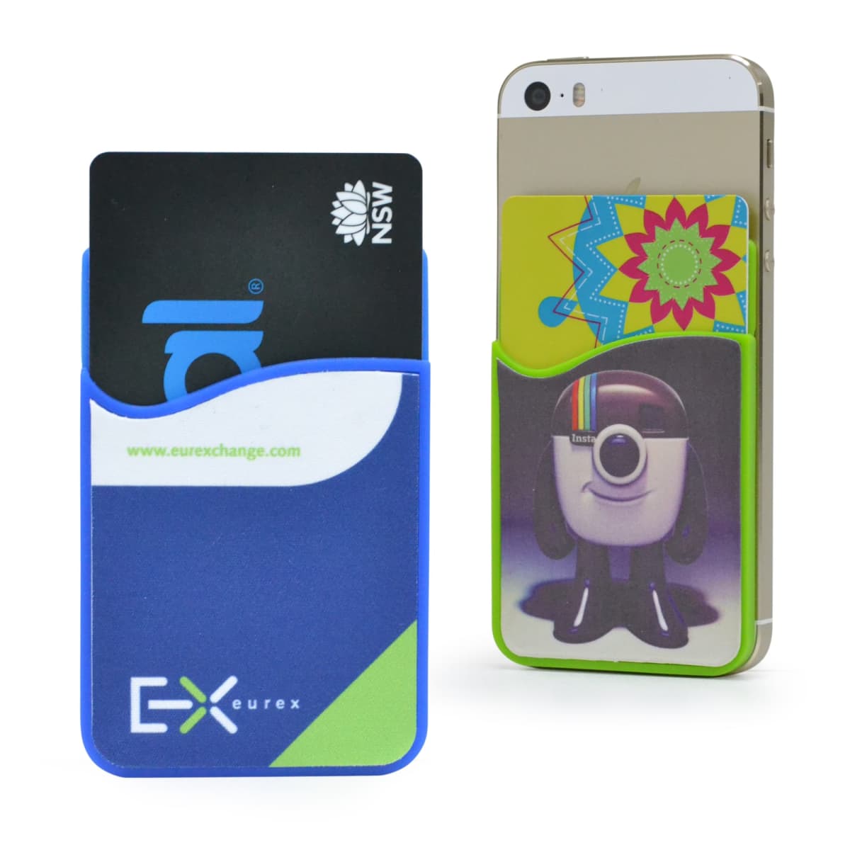 Two adhesive phone wallets with cards inside. One wallet is blue and green with Eurex branding; the other is yellow-green with a colorful design and an Instagram-themed card inside. A smartphone is partially visible behind the yellow-green wallet.