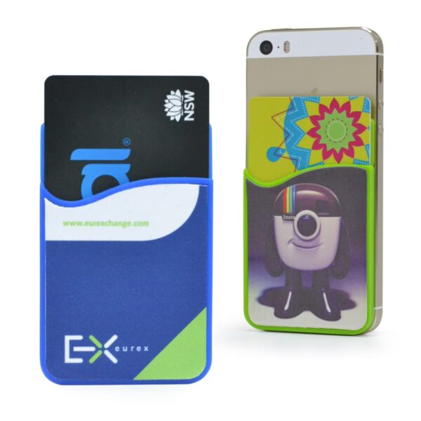 Two smartphones with adhesive card holders on their backs. One holder is blue and green with a logo, and the other is green with an abstract design. Each holder contains a card.
