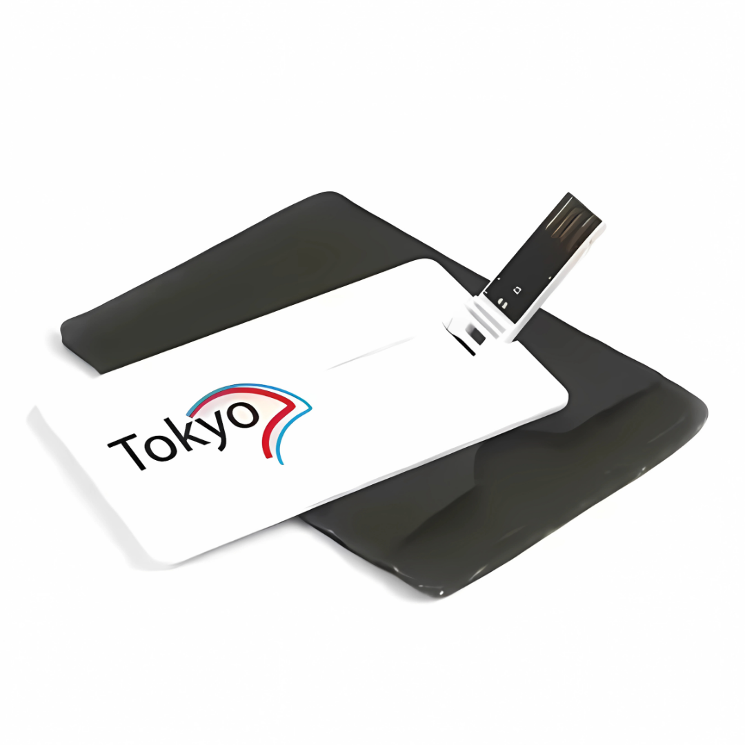 Promotional Peraza Card usb key with a company logo, placed on a black holder.