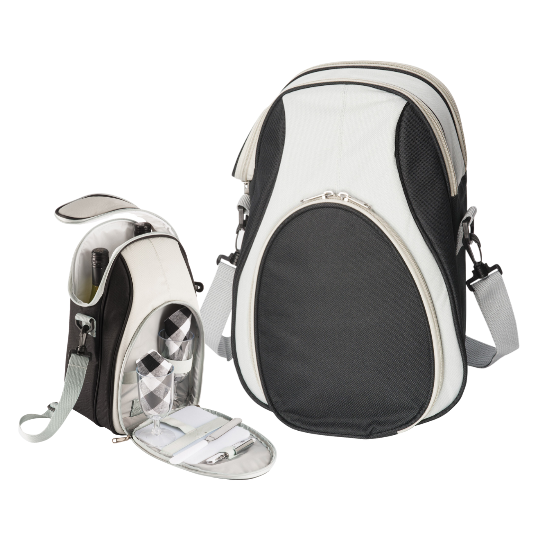 The Printed Couples Picnic Bag set features two insulated backpacks with shoulder straps for easy carrying. The large and small bags, in gray and white, hold essentials like a wine bottle, checkered napkin inside the small bag, and a folded utensil set in its front pocket. Perfect for picnics.