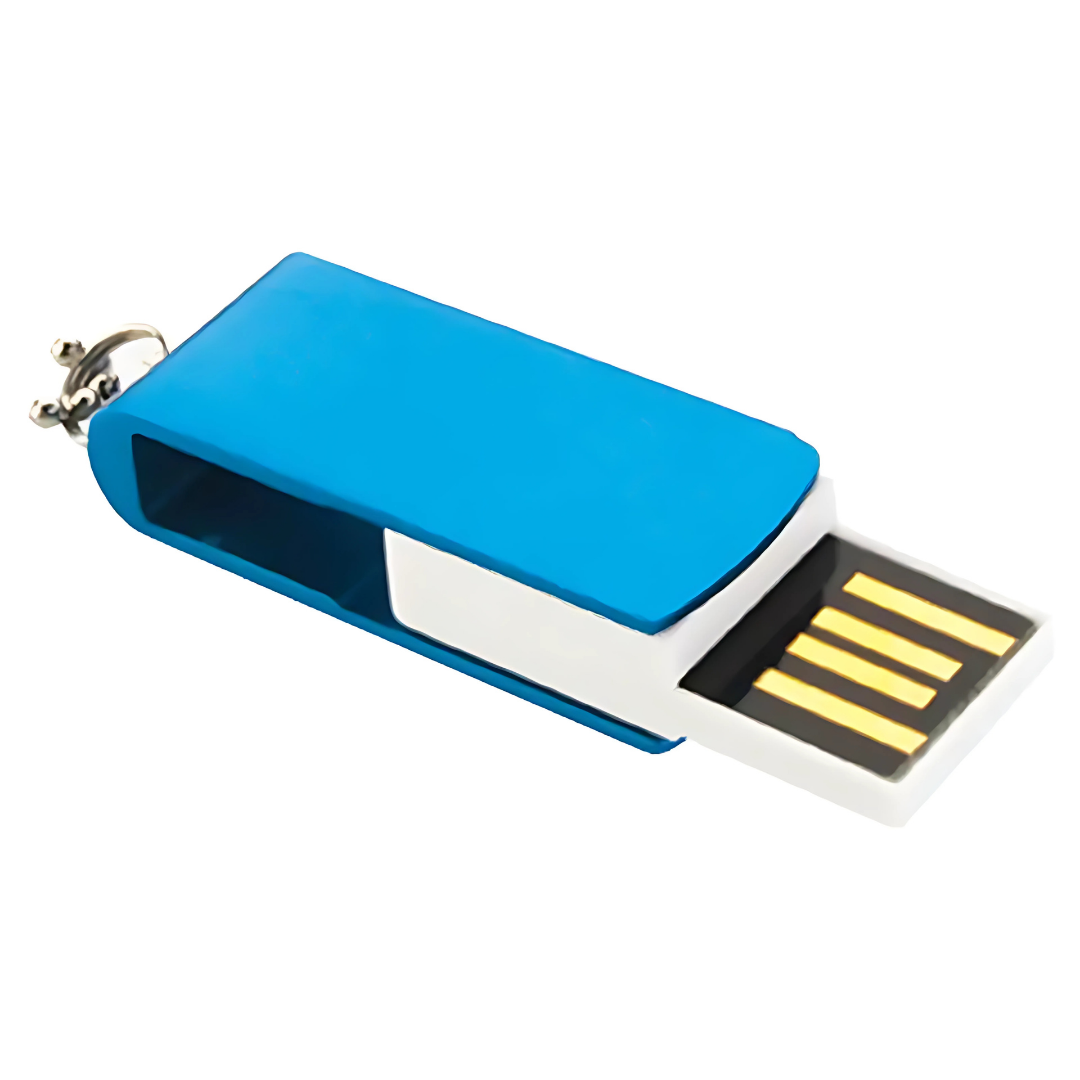 Promotional Micro Flash Drives, blue with white trim and metal keyring.