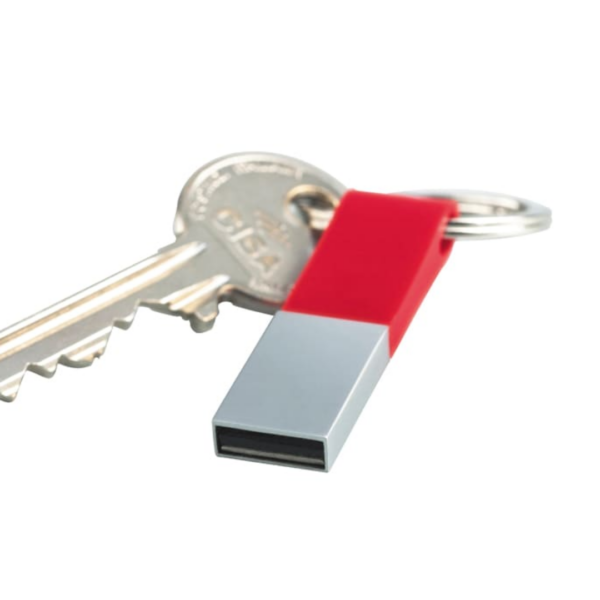 Red & silver Promo Block USB Keyring with flash drive and two metal keys.