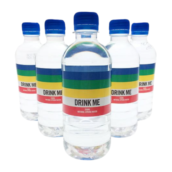 Promo Bottled Water: colorful striped labels, blue caps, DRINK ME tags.