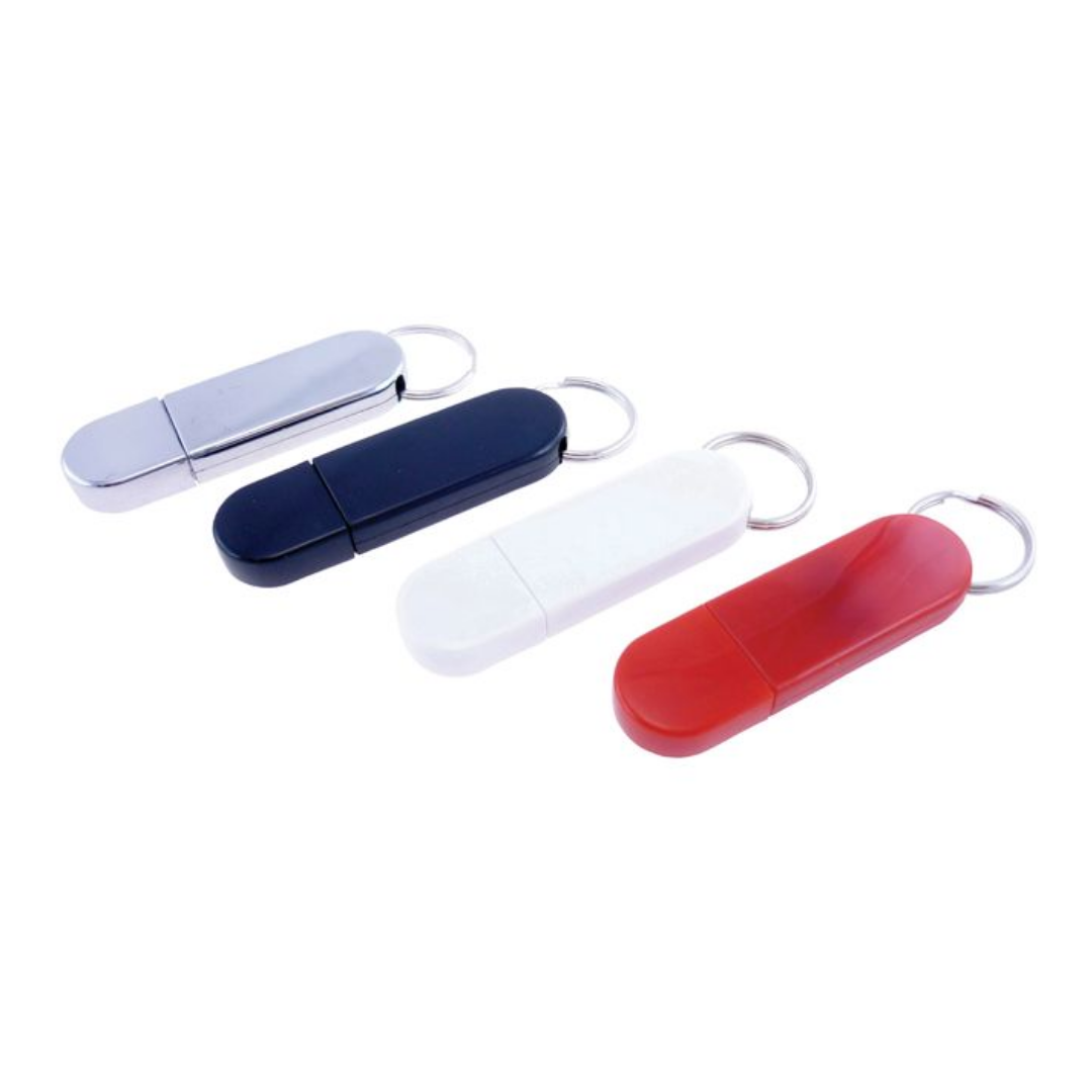 Promotional Flash Drives in silver, black, white, red, with keyring attachments.