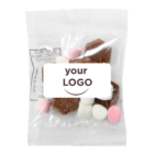A clear plastic bag filled with chocolate pieces and small marshmallows, ideal for hot chocolate. The bag has a white label reading your LOGO in brown with a curve below, perfect as Promotional Lindt Hot Chocolate Packs 30g.