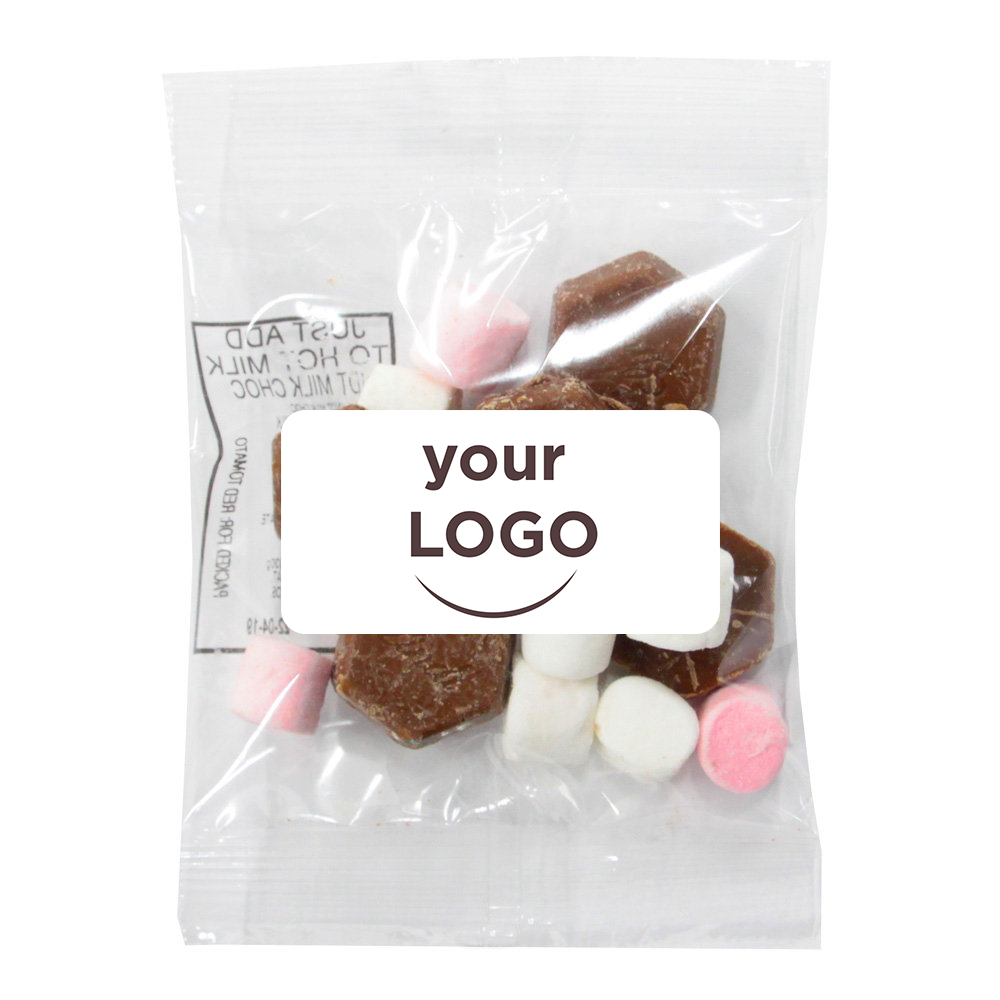 A clear plastic bag filled with chocolate pieces and small marshmallows, ideal for hot chocolate. The bag has a white label reading your LOGO in brown with a curve below, perfect as Promotional Lindt Hot Chocolate Packs 30g.