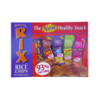 A colorful Promotional Welded Counter Mat featuring Arnotts Rix Rice Chips showcases five flavors: Barbeque, Salt & Vinegar, Chicken, Original, and Sweet Chilli. Labeled 93% fat free, the packaging promotes it as The New Healthy Snack, ideal for display.