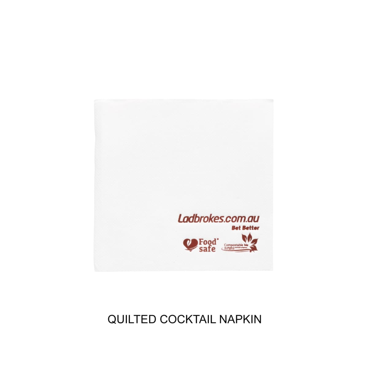 White quilted cocktail napkin with red text and icons on a plain background.