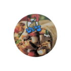 Close-up of a burrito on branded round coasters with a moose logo and the word Locos.