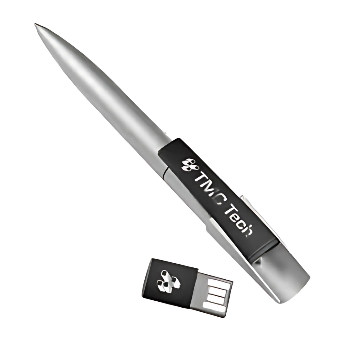Shelby USB Pen with printed company logo on a sleek silver design.