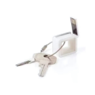 The Torres Corporate USB key features a minimalist design in a white rectangular frame attached to a metal keyring with two silver keys. Its thin, flexible keyring offers easy portability and convenience for professionals.