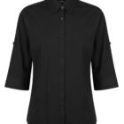Black button-up blouse with a standard collar and three-quarter sleeves.