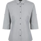 Gray womens button-up shirt with three-quarter sleeves, a pointed collar, and black buttons. The fabric appears lightweight and smooth.