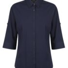 A navy blue button-up shirt with three-quarter sleeves and a pointed collar displayed against a plain white background.