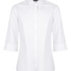 A white, button-up shirt with three-quarter length sleeves is displayed against a plain background. The shirt has a classic collar and a tailored fit, suitable for professional or casual wear.