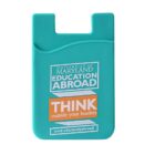 A teal phone card holder with University of Maryland Education Abroad at the top and THINK outside your borders in an orange box below. The URL umd.edu/studyabroad is at the bottom.