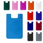 A collection of twelve phone card holders in various colors, including green, pink, orange, white, blue, red, purple, and black. Each holder features a solid color design with a simple pocket for holding cards.