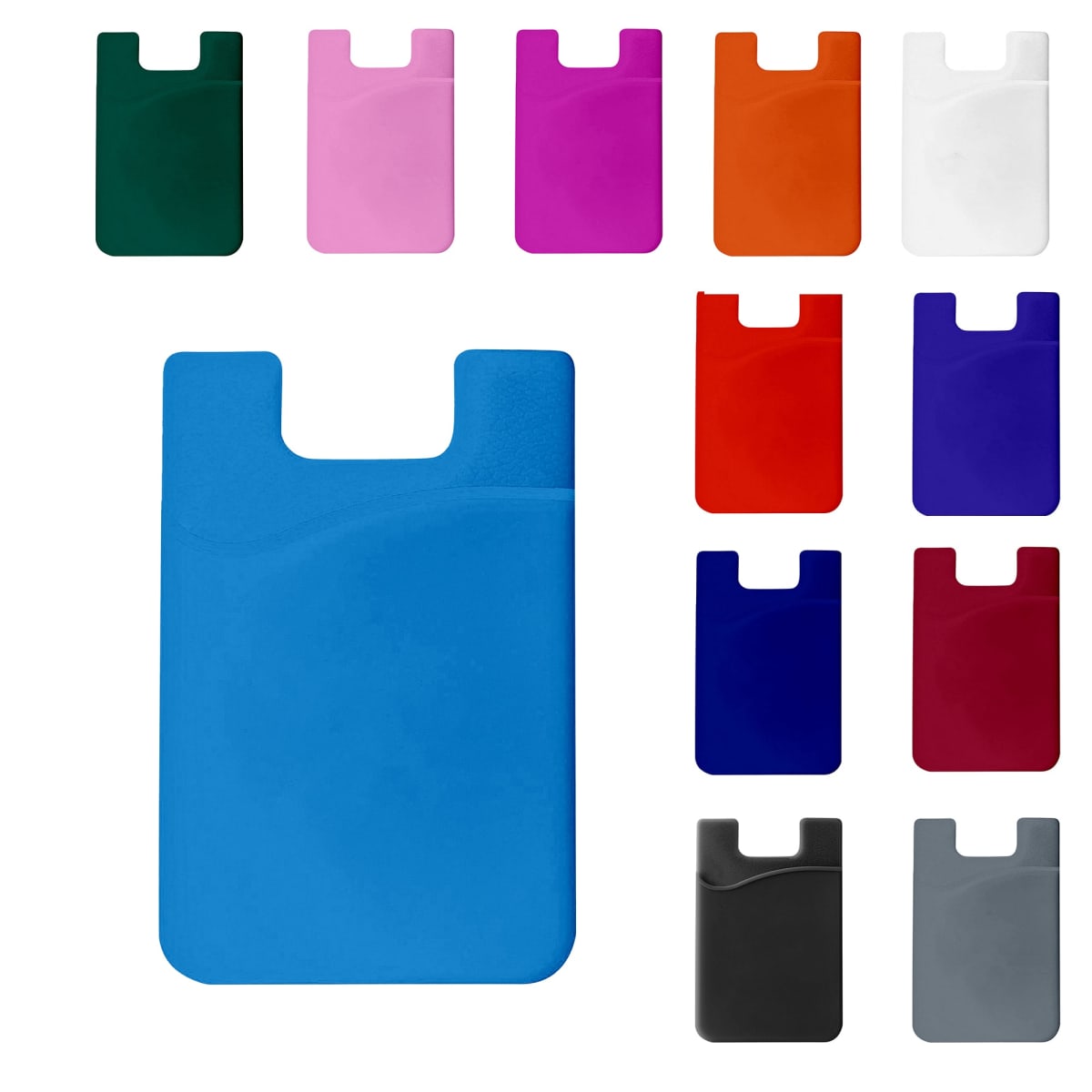 A collection of twelve phone card holders in various colors, including green, pink, orange, white, blue, red, purple, and black. Each holder features a solid color design with a simple pocket for holding cards.