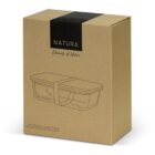 A cardboard box with simple design showing a line drawing of a lunch box. The box is labeled Natura and Elements of Nature, featuring an image of a divided glass lunch box with a strap.