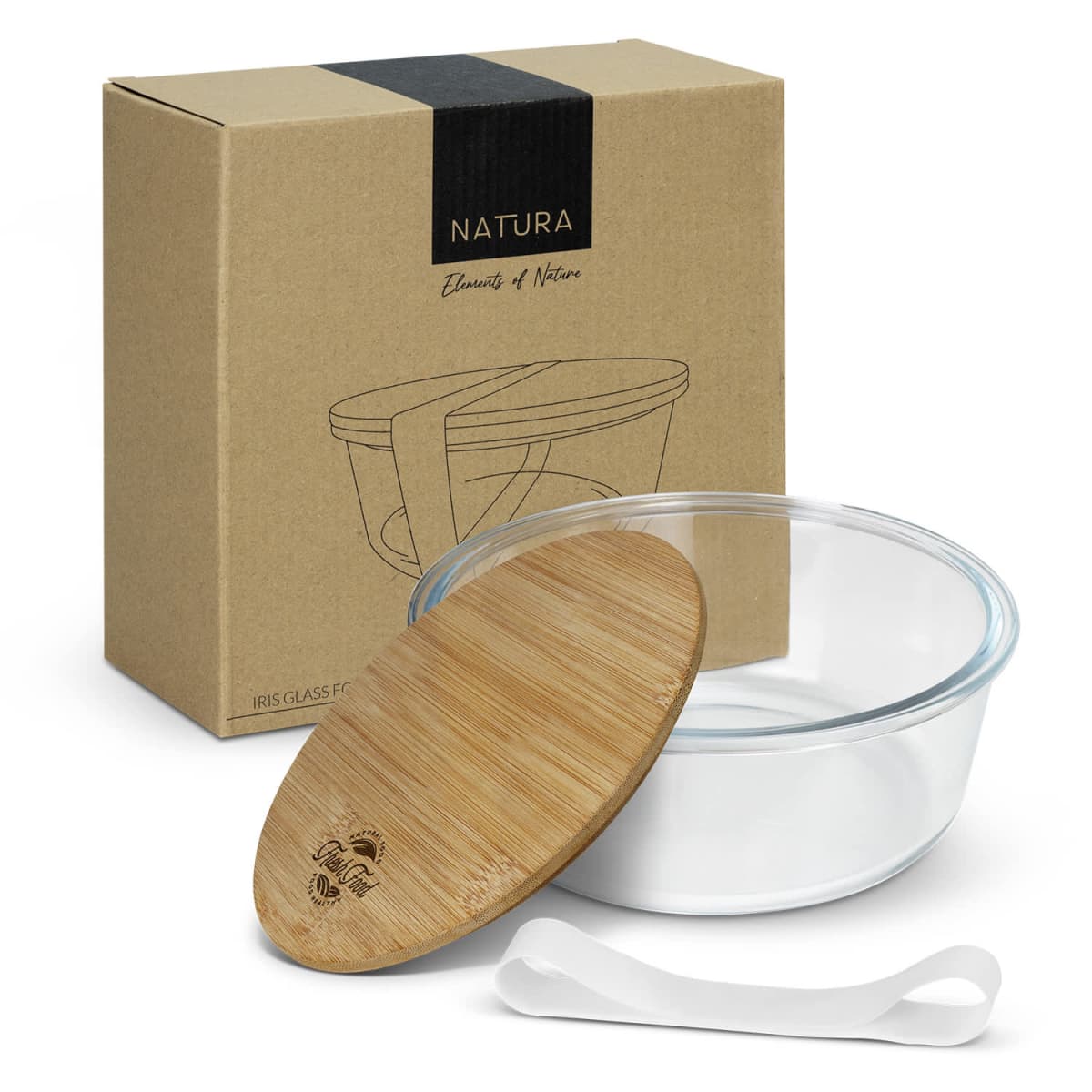 A clear glass food container with a bamboo lid is displayed in front of a brown cardboard box labeled Natura. A small white strap is beside the container. The box features an illustration of the container and lid.