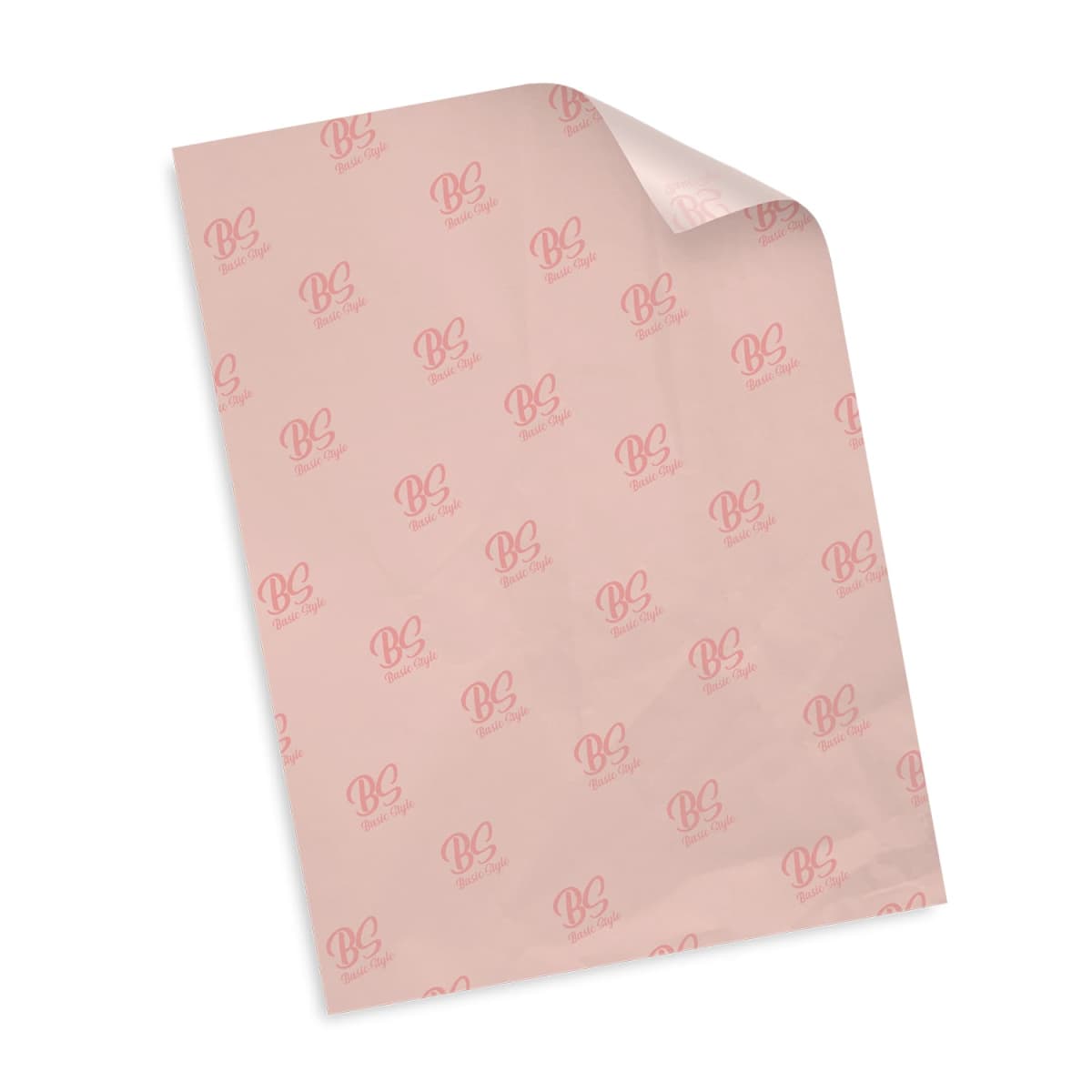 A sheet of light pink wrapping paper with a repeating pattern of BB in red cursive letters, accompanied by the word Bakery beneath each BB. The top right corner of the paper is slightly curled.