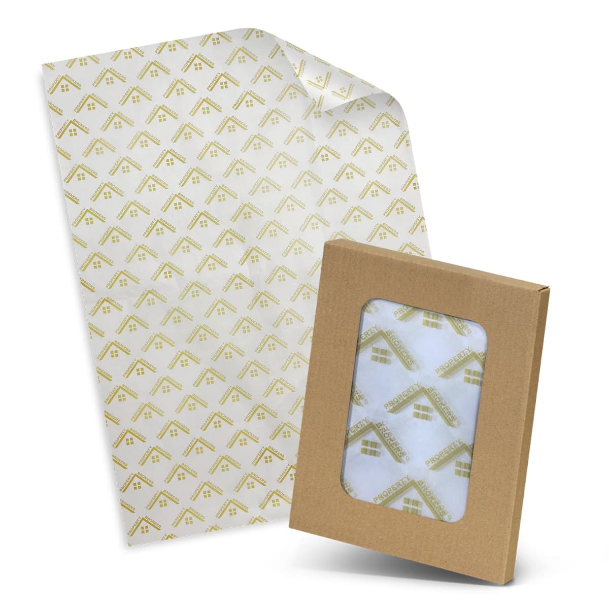 A sheet of decorative transparent paper with a gold geometric pattern is partially folded. Next to it is a brown cardboard box with a clear window, displaying the same patterned paper inside.