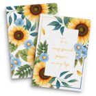 Two greeting cards with sunflower and blue daisy designs. The card on the right features the message To a very special person in my life. Both cards are adorned with green leaves.