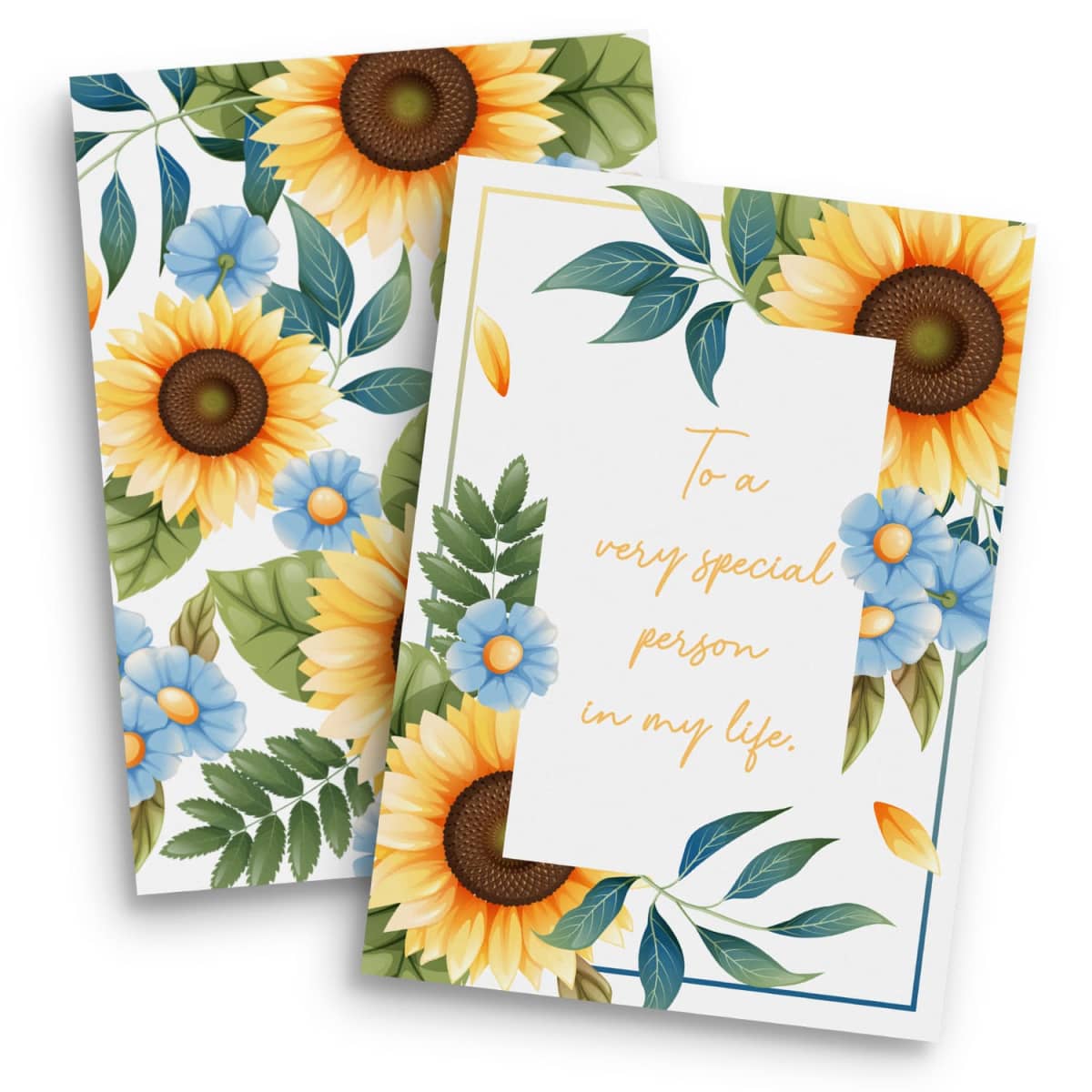 Two greeting cards with sunflower and blue daisy designs. The card on the right features the message To a very special person in my life. Both cards are adorned with green leaves.
