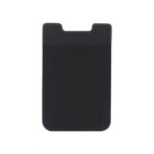 A black silicone card holder with an open top, designed to attach to the back of a phone. Its minimalist design allows for convenient storage of credit cards or ID. The holder features a smooth surface and rounded edges.