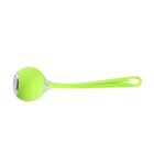 A bright green tea infuser with a long handle and a round, perforated metal mesh ball at one end. The handle features a looped end for hanging. The design is modern and sleek.