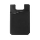 A black silicone phone card holder with a curved opening at the top. It has a smooth texture and is designed to attach to the back of a phone to hold cards. The background is plain white.