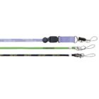 Three lanyards are displayed: one purple with a buckle, one green, and one black with yellow text. All have metal clips and small loops at the end.